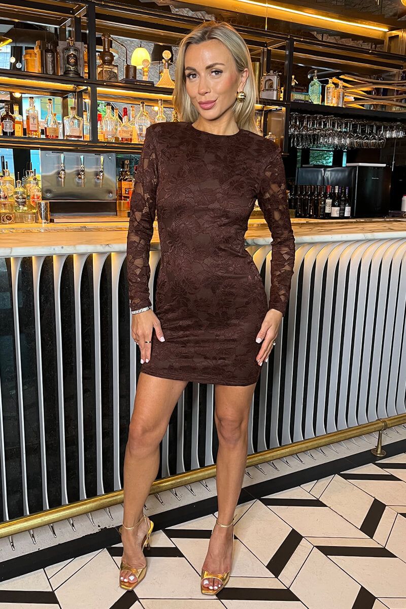 AX Paris Chocolate Lace Long Sleeve Bodycon Mini Dress