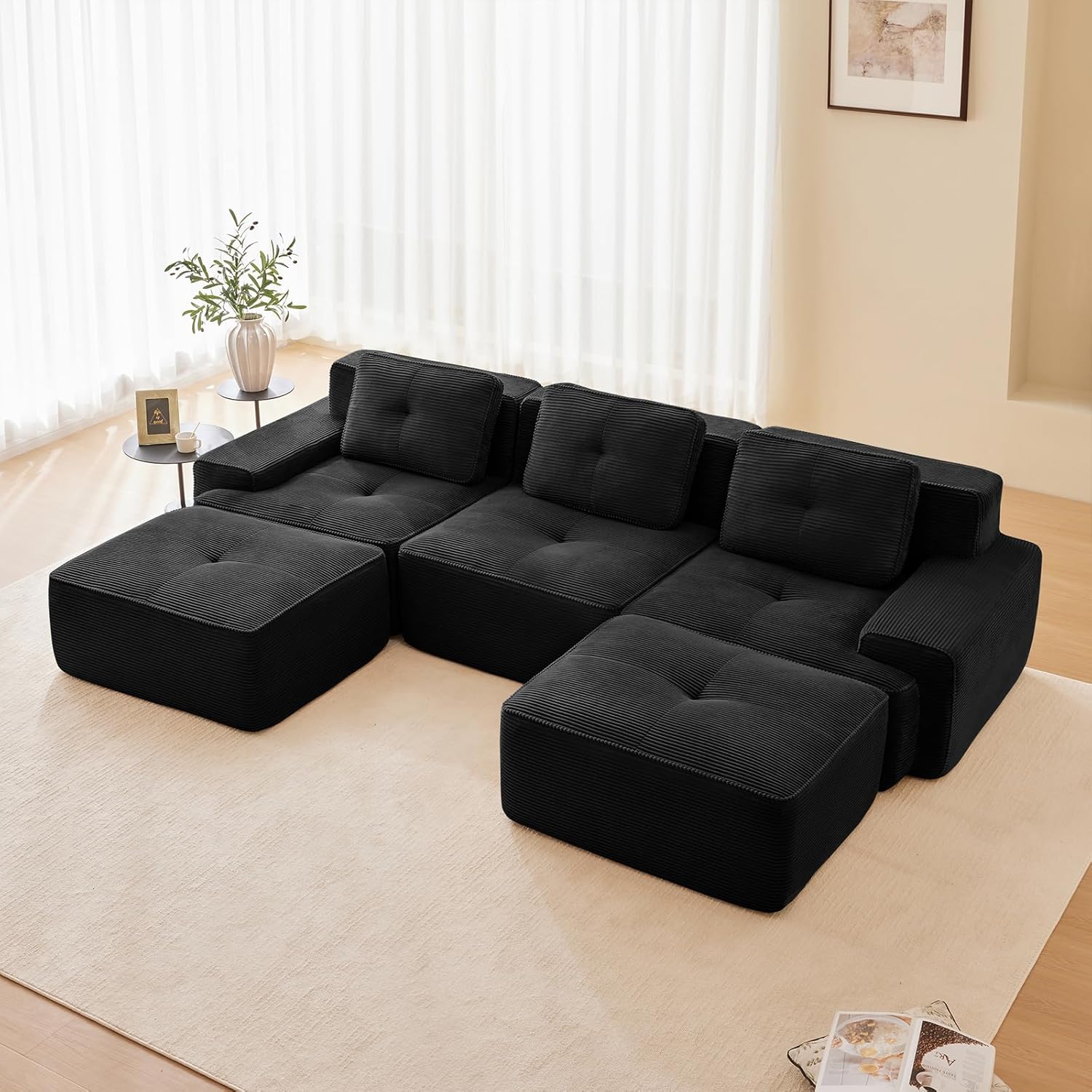117 Modern Compressed Boneless Couch with Ottoman, 3 Seater Large U Shaped Sectional Couches for Living Room, Black Corduroy Cloud Modular Sectional Sofa, Memory Foam, Extra Deep, No Assembly