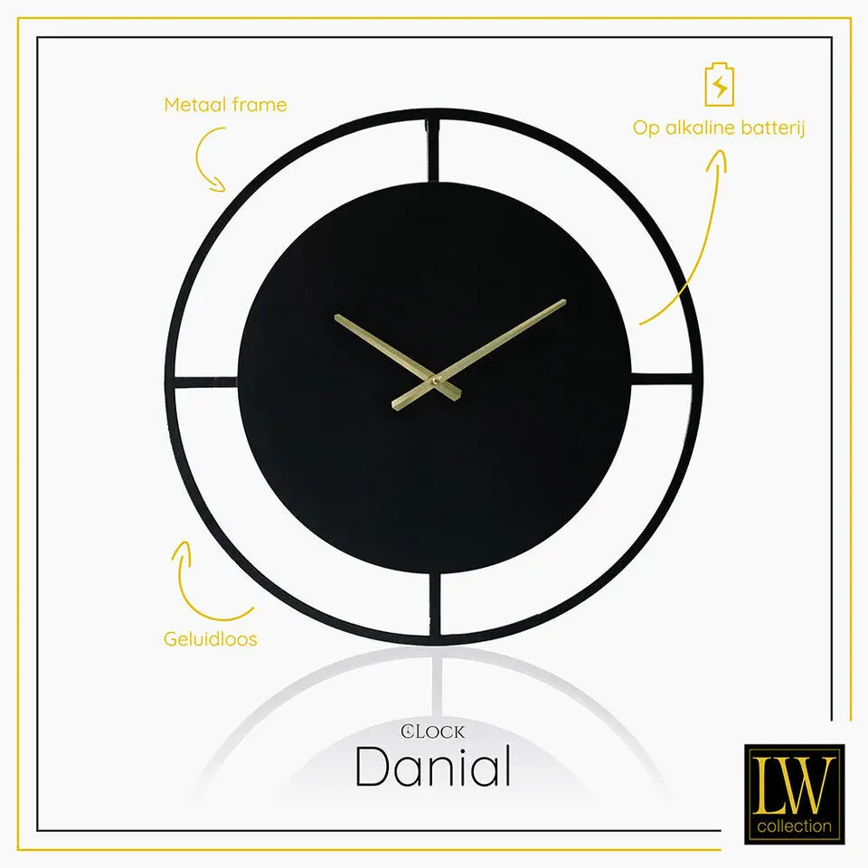 LW Collection Wandklok Danial zwart goud 60cm