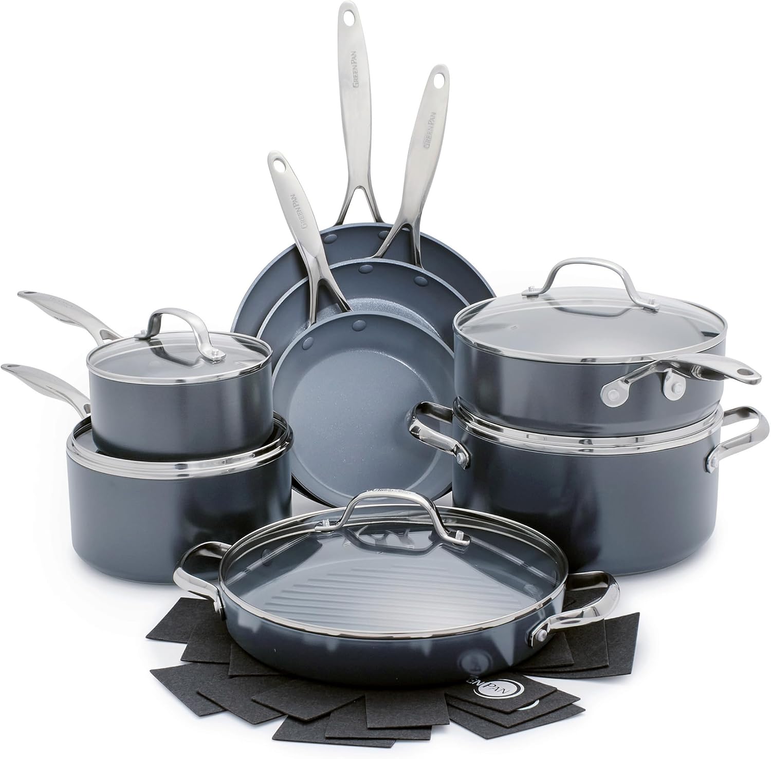 GreenPan Valencia Pro Ceramic Nonstick 16 Piece Cookware Set, Hard Anodized PFAS-Free Pots & Pans, Induction Ready, Compatible on All Cooktops, Dishwasher Safe, Oven Safe to 600F, Gray