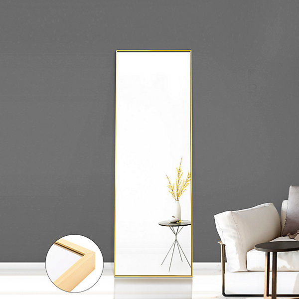Miroir pleine longueur 150x40 cm, sur pied ou mural, cadre aluminium doré, grand miroir rectangulaire pour salon ou chambre