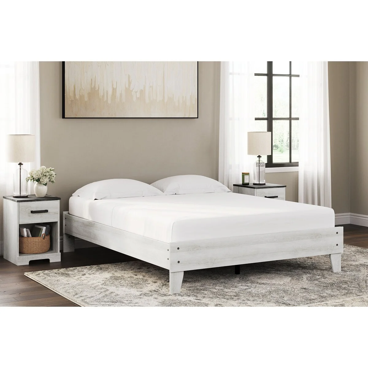Signature Design by Ashley Shawburn Whitewash Platform Bed with 2 Nightstands