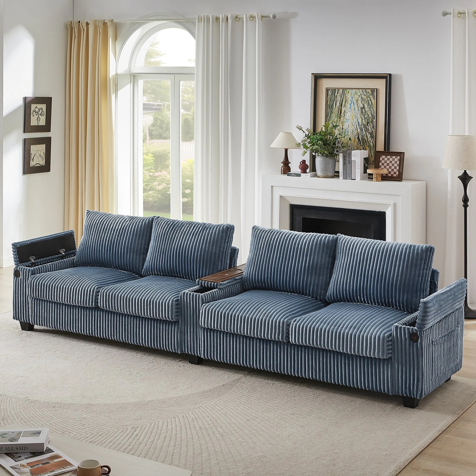 Corduroy Straight Row Sofa 4-seater Sectional Couch Buil-in USB Ports, Flip-Top Cup Holders Storage and Hidden Storage Arms