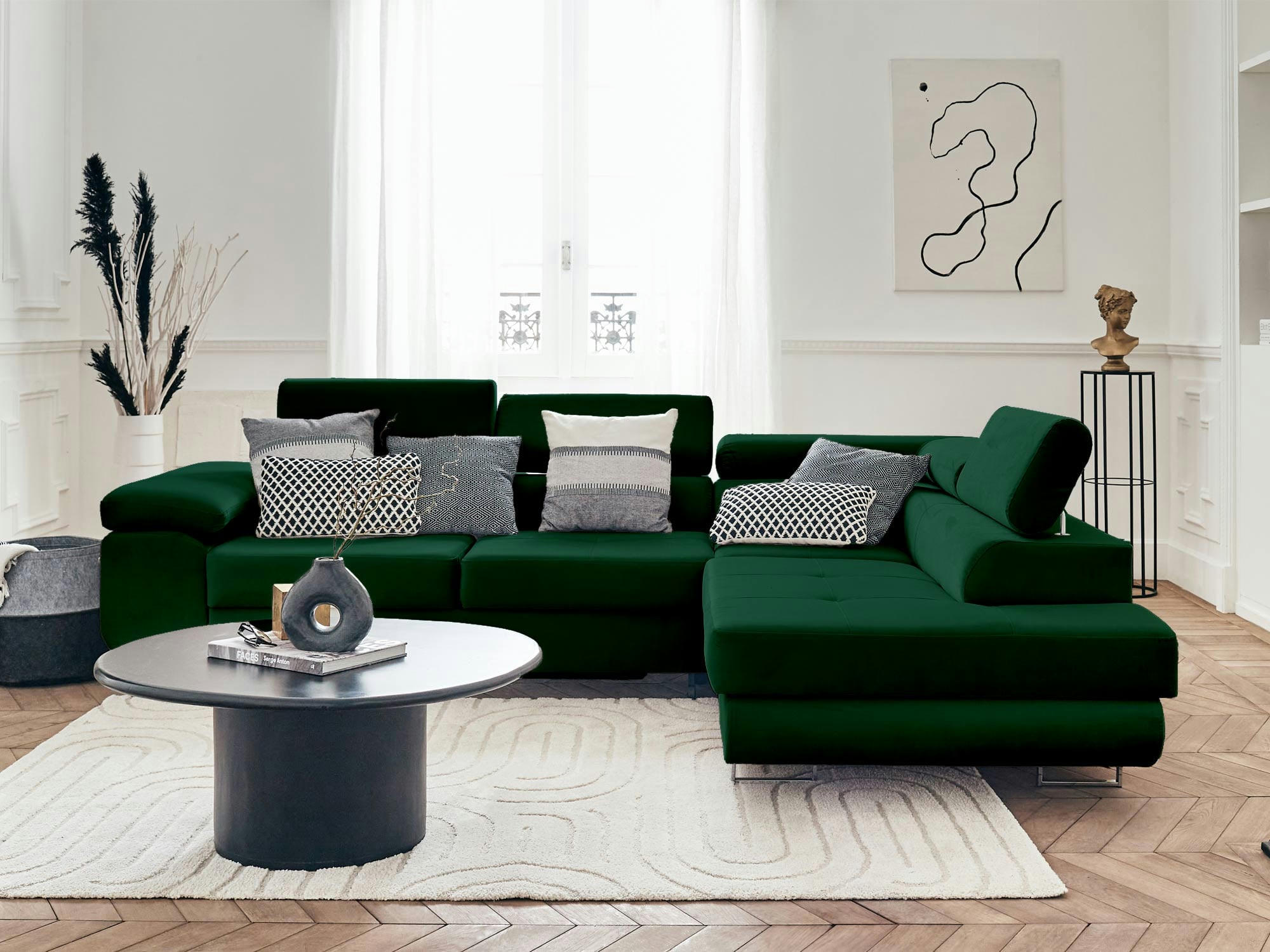 PABLO - Canapé d'angle droit convertible 5 places en velours vert