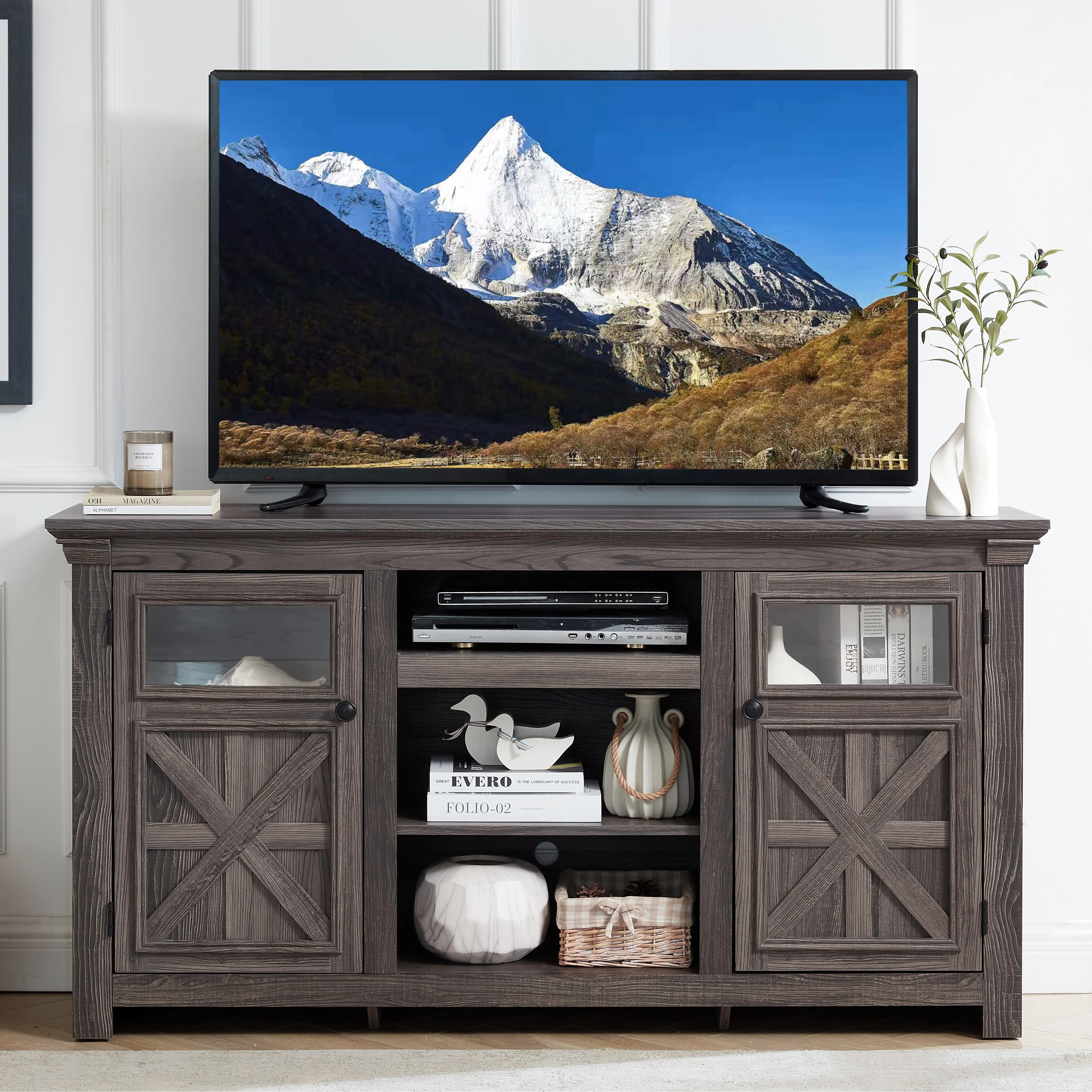 Modern Farmhouse TV Media Stand, Large Barn Inspired Home Entertainment Console