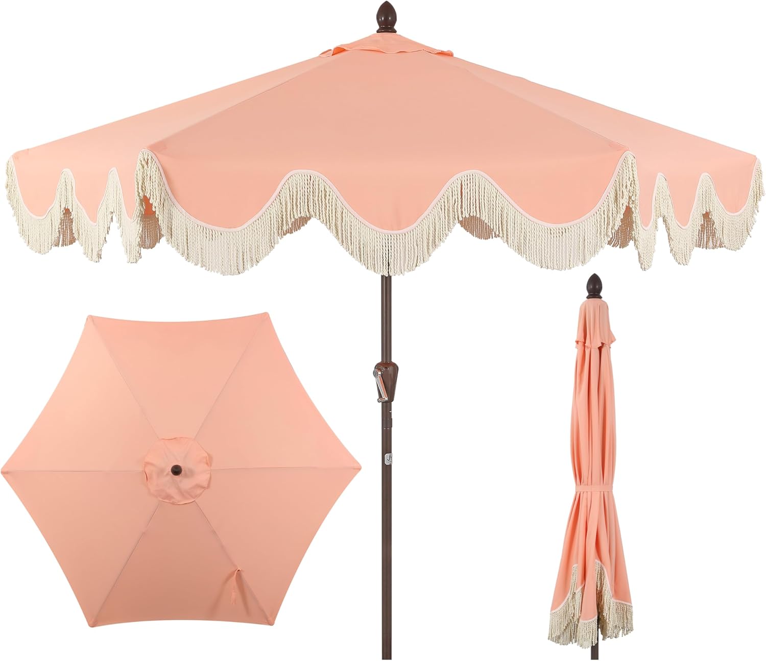 JONATHAN Y UMB1001 Collins 9 ft. Classic Cottage Tassel Market Patio Umbrella with Auto-Tilt  Crank  Wind Vent and UV Protection