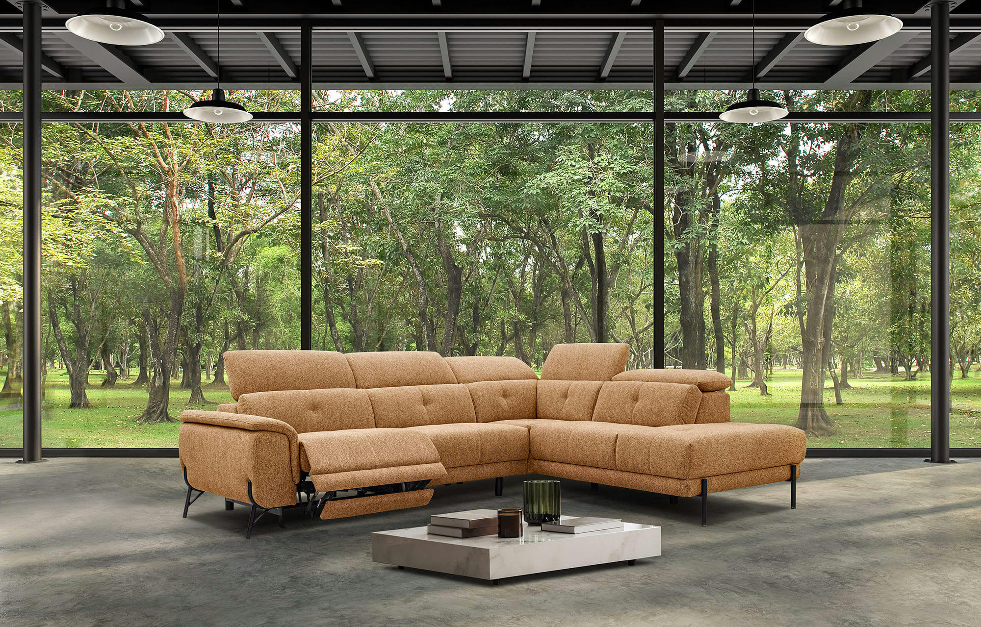 AVENA - Canapé d'angle droit 5 places avec une relax électrique tissu orange