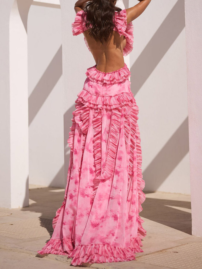 Elegant Tie-Dye Ruffle Cut-Out Slit Maxi Dress