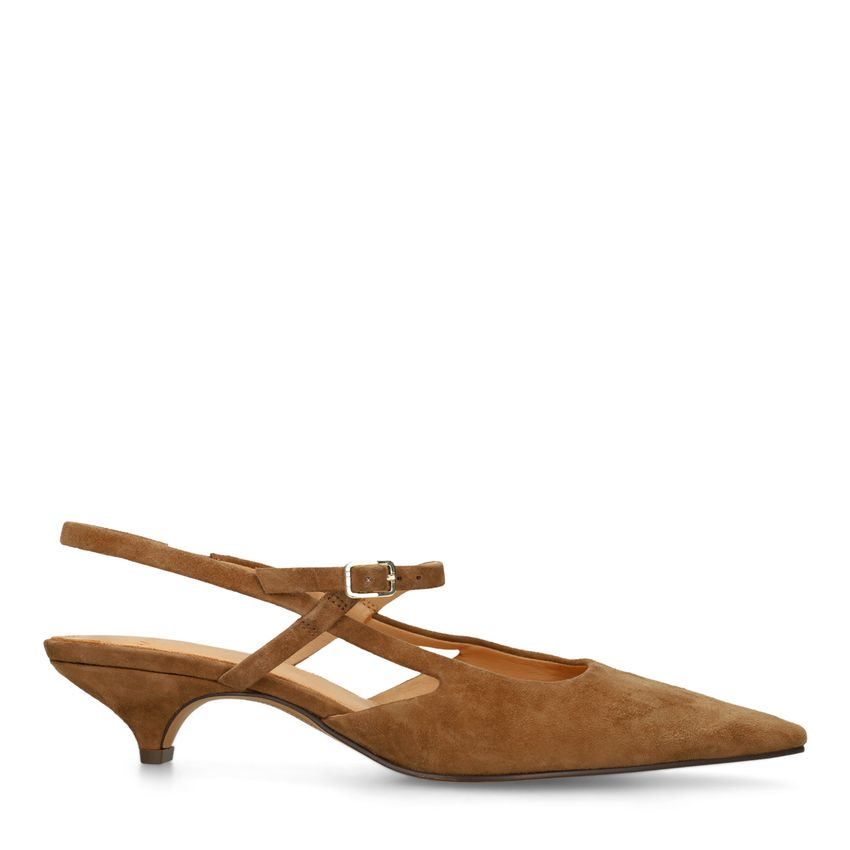 Manfield Cognac suède slingbacks met kittenheel
