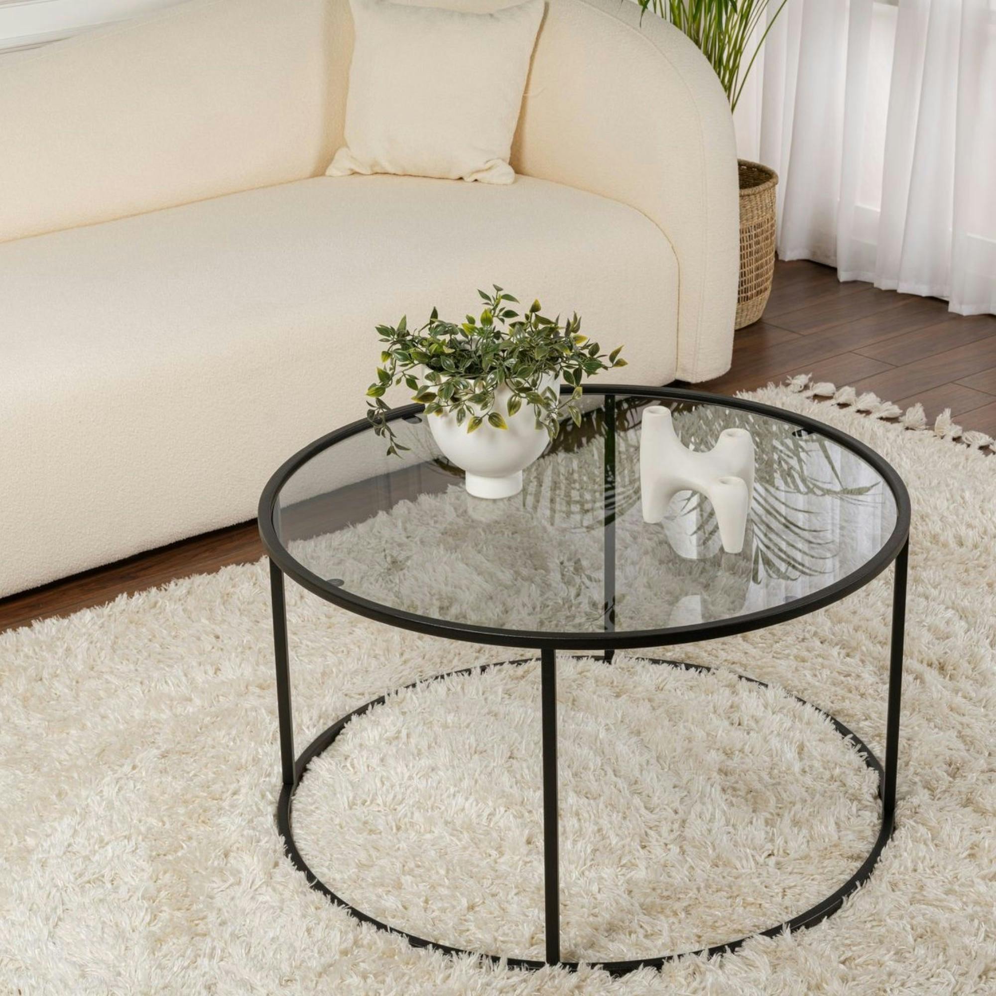 Table basse ronde en verre – cadre noir ⌀80 cm TULUM