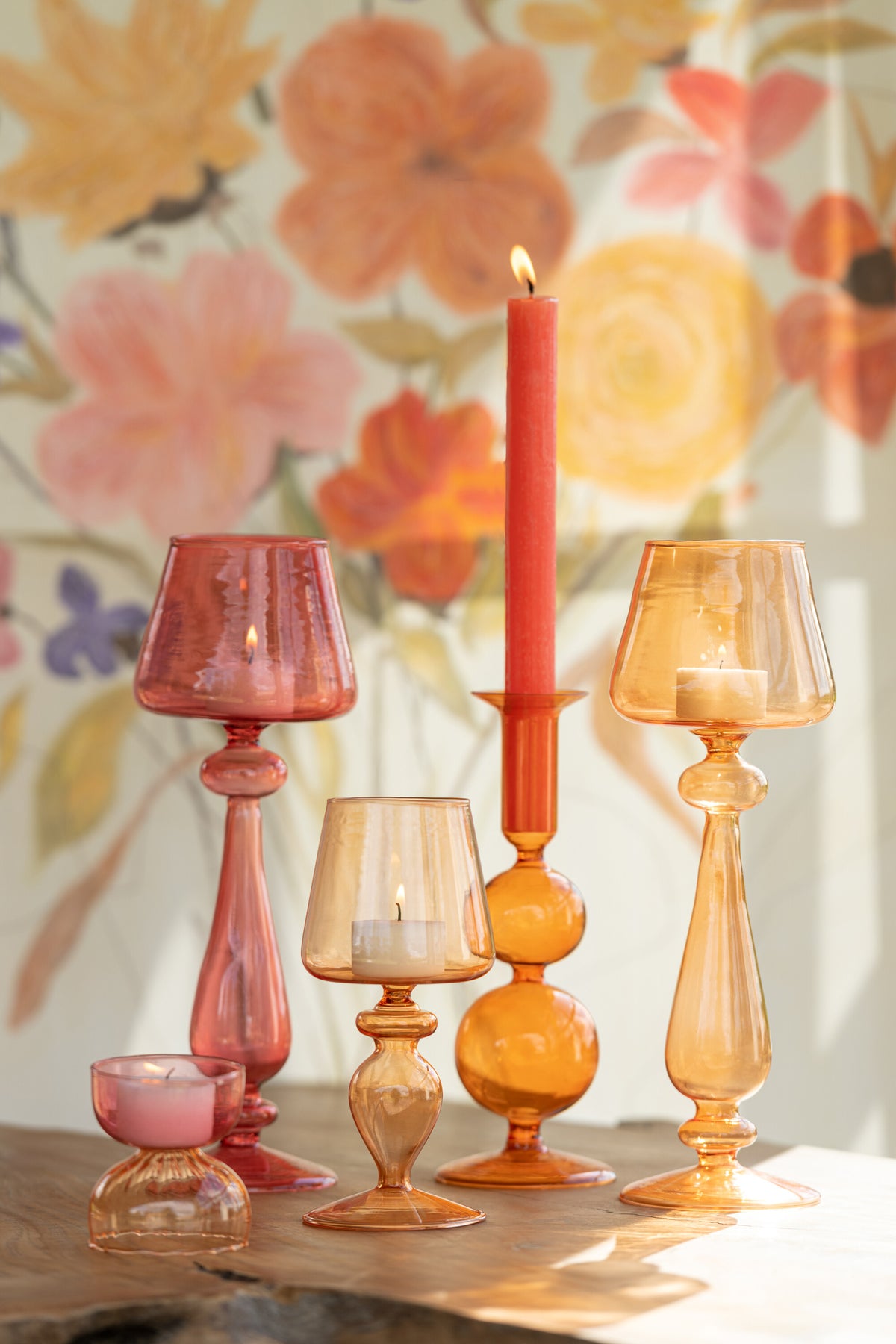 J-Line windlicht Halve Ballen - glas - lichtoranje/roze - 3 stuks