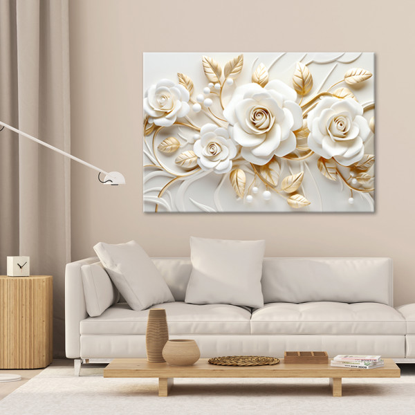Feeby Obraz na płótnie, Biało złote kwiaty róży 3D 60x40