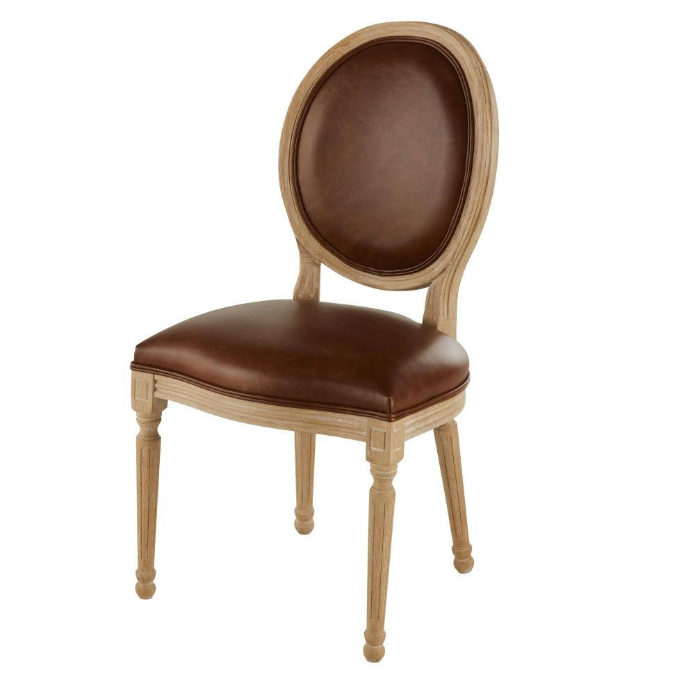 Louis - Chaise médaillon en cuir et bois de frêne massif marron