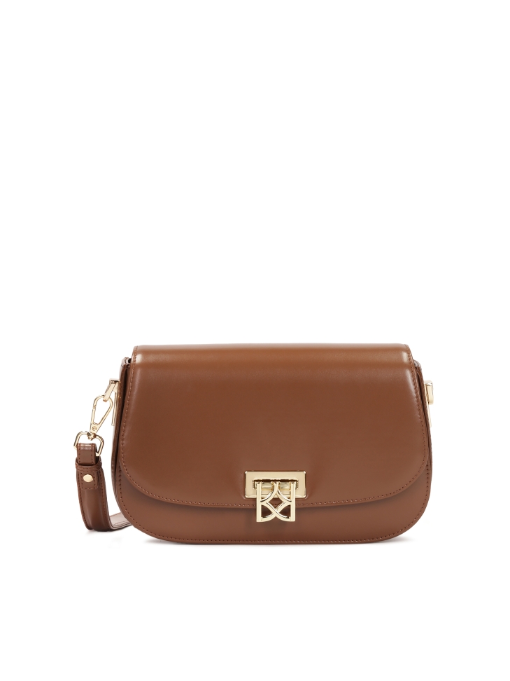 Oblong brown handbag with flap