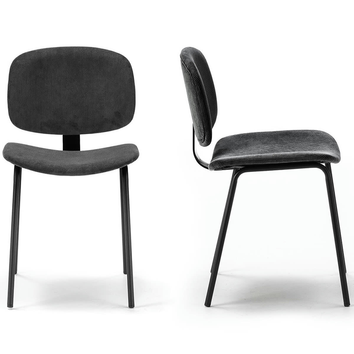 LIV - Lot de 2 chaises en velours côtelé noir piètement noir