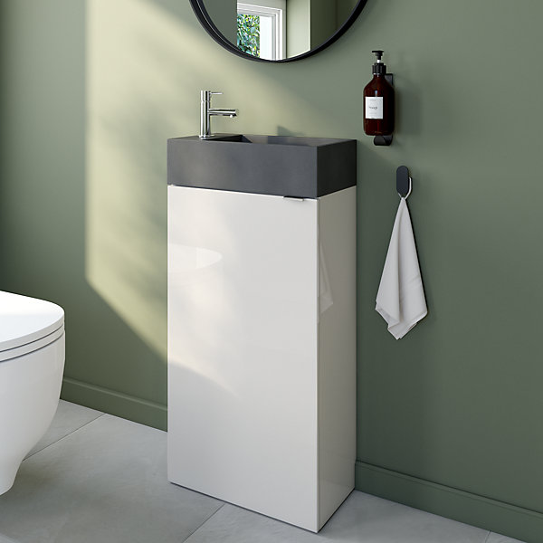 Meuble lave-mains à poser blanc brillant l.44 cm Imandra   plan vasque béton gris, GoodHome
