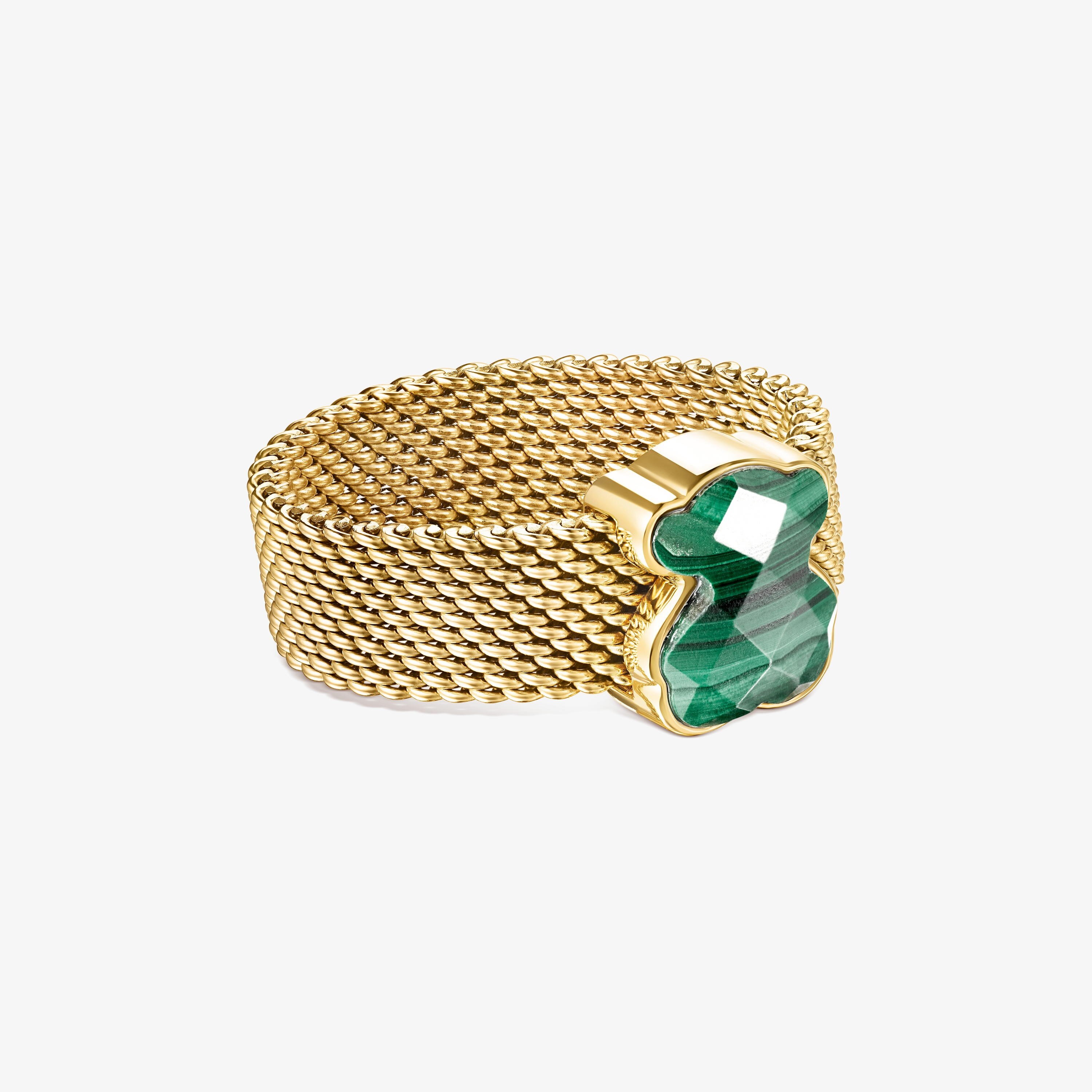 Anillo de acero IP dorado y malaquita facetada motivo oso Mesh Color