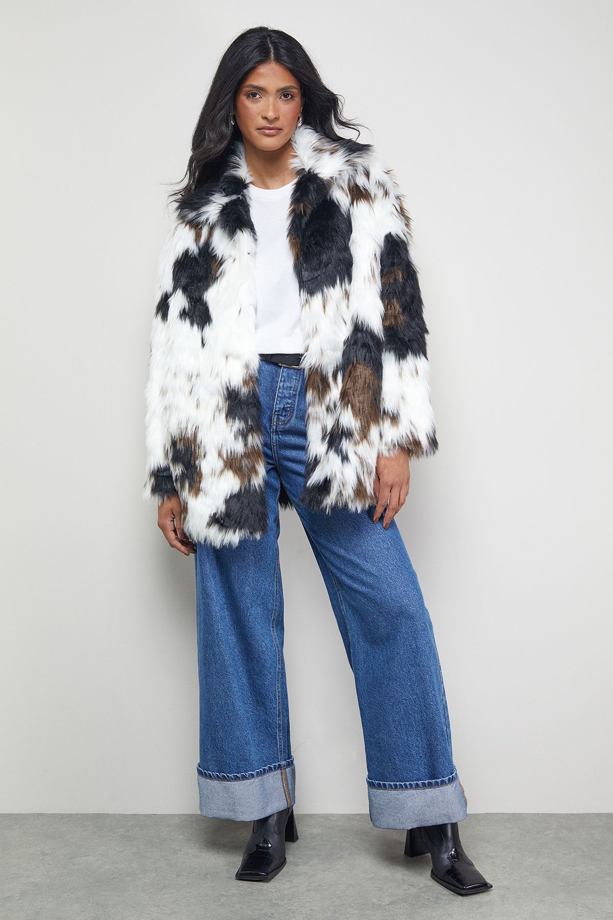 Warehouse Premium Funnel Neck Mono Cow Print Faux Fur Coat