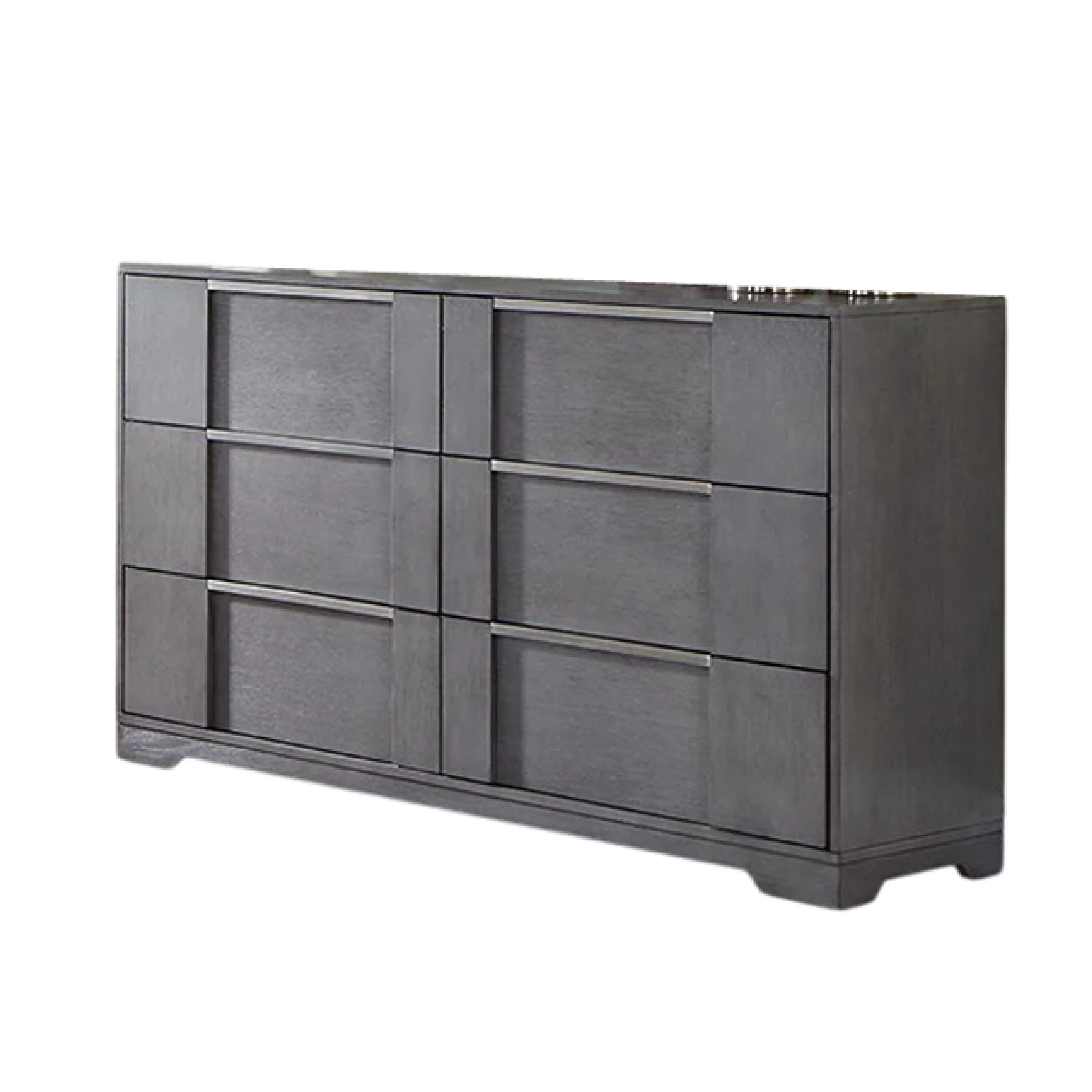 Levice Wide Dresser, 6 Drawers, Nickel Finger Handles, Gray Wood