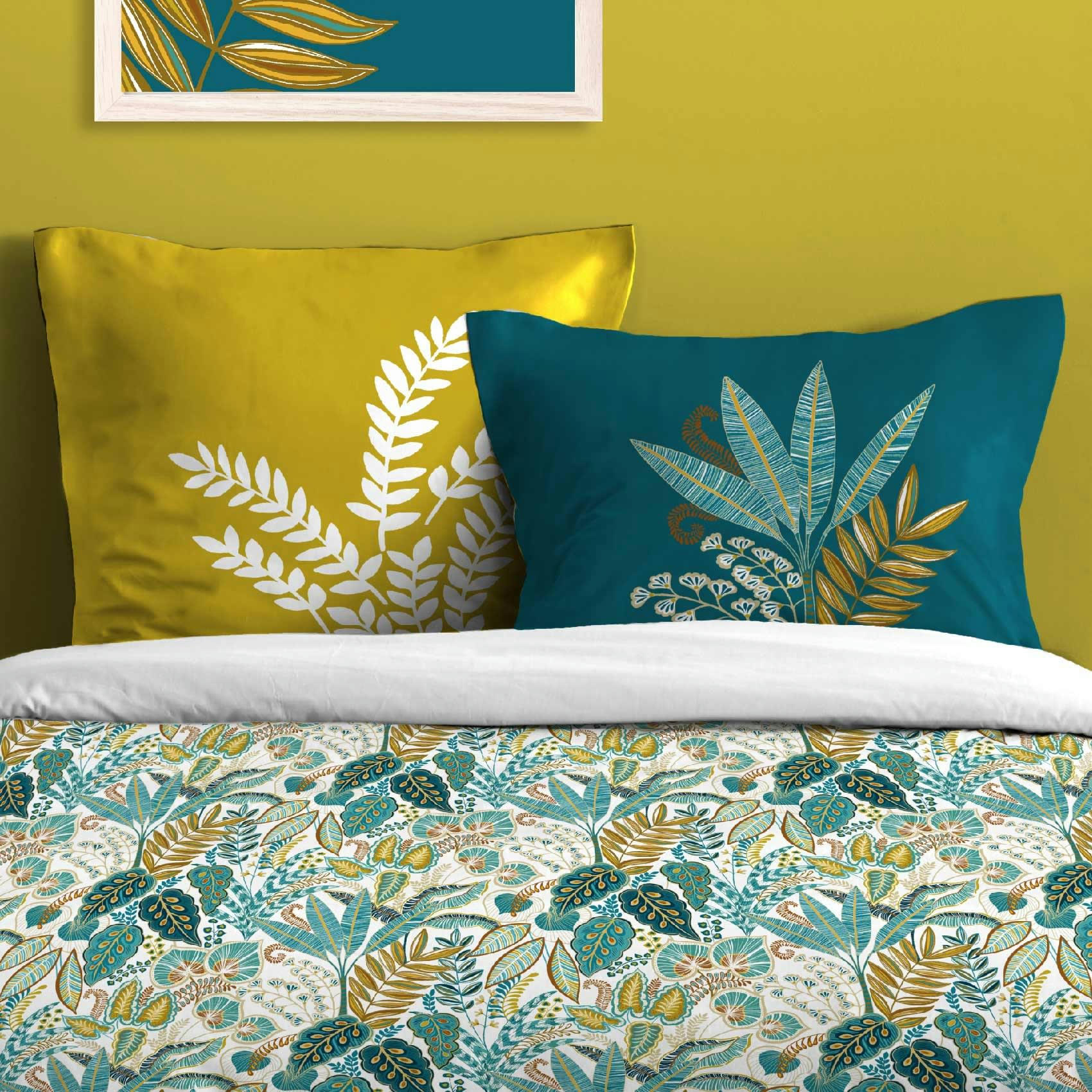 - Parure de lit ambiance nature colorée coton bleu canard 240x220 cm