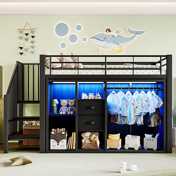 Lit Mezzanine 90x200 cm, Lit Enfant Simple avec LED et 2 Tiroirs, Armoire Ouverte, Métal MDF, Sans Matelas, Noir