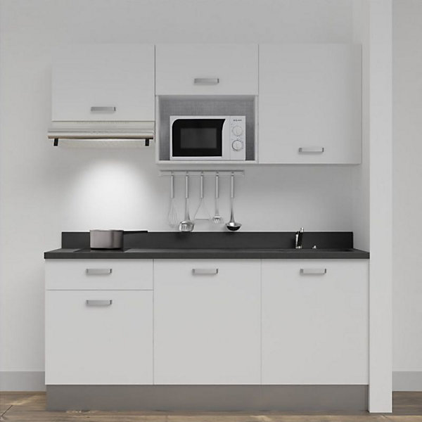 Kitchenette K30 - 180 cm - façades Blanc - Plan monobloc en quartz coloris Nero évier à droite