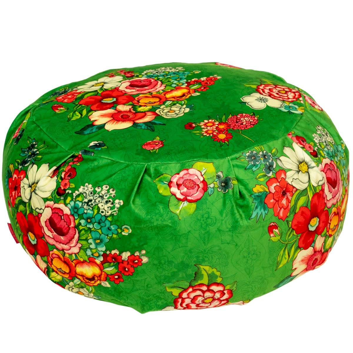 - Grand pouf rond en velours imprimé fleuri vert h. 25cm