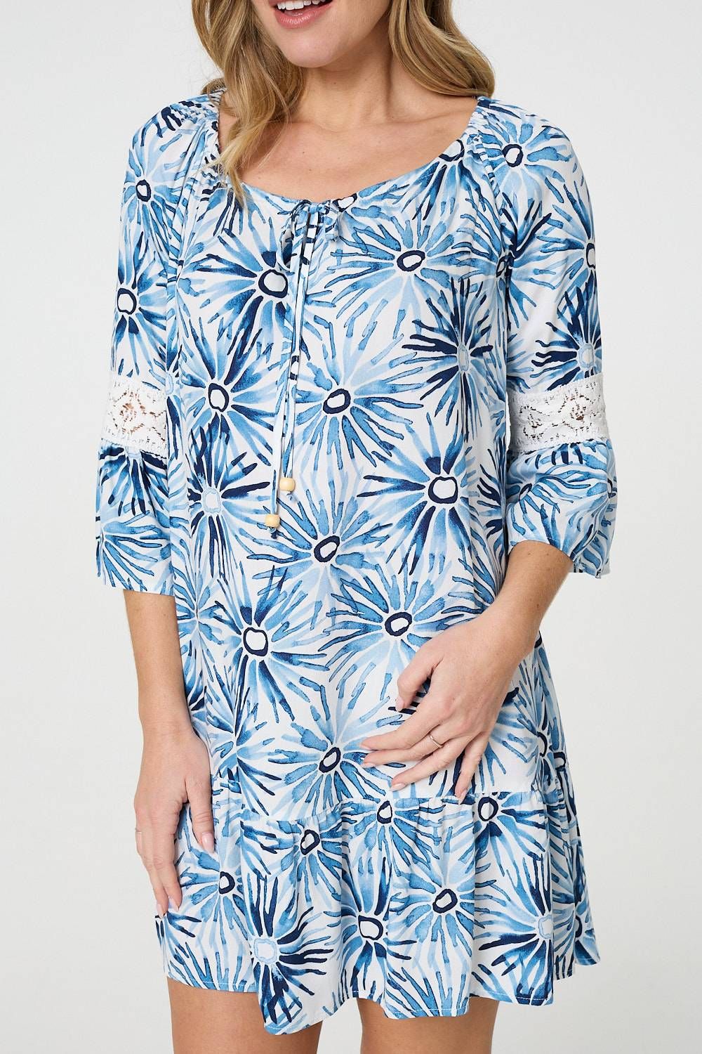 Izabel London Floral Lace 3/4 Sleeve Short Shift Dress