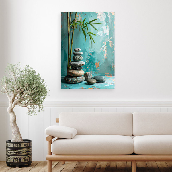 Obraz do salonu sypialni, Kamienie zen spa liście na turkusowym tle 20x30