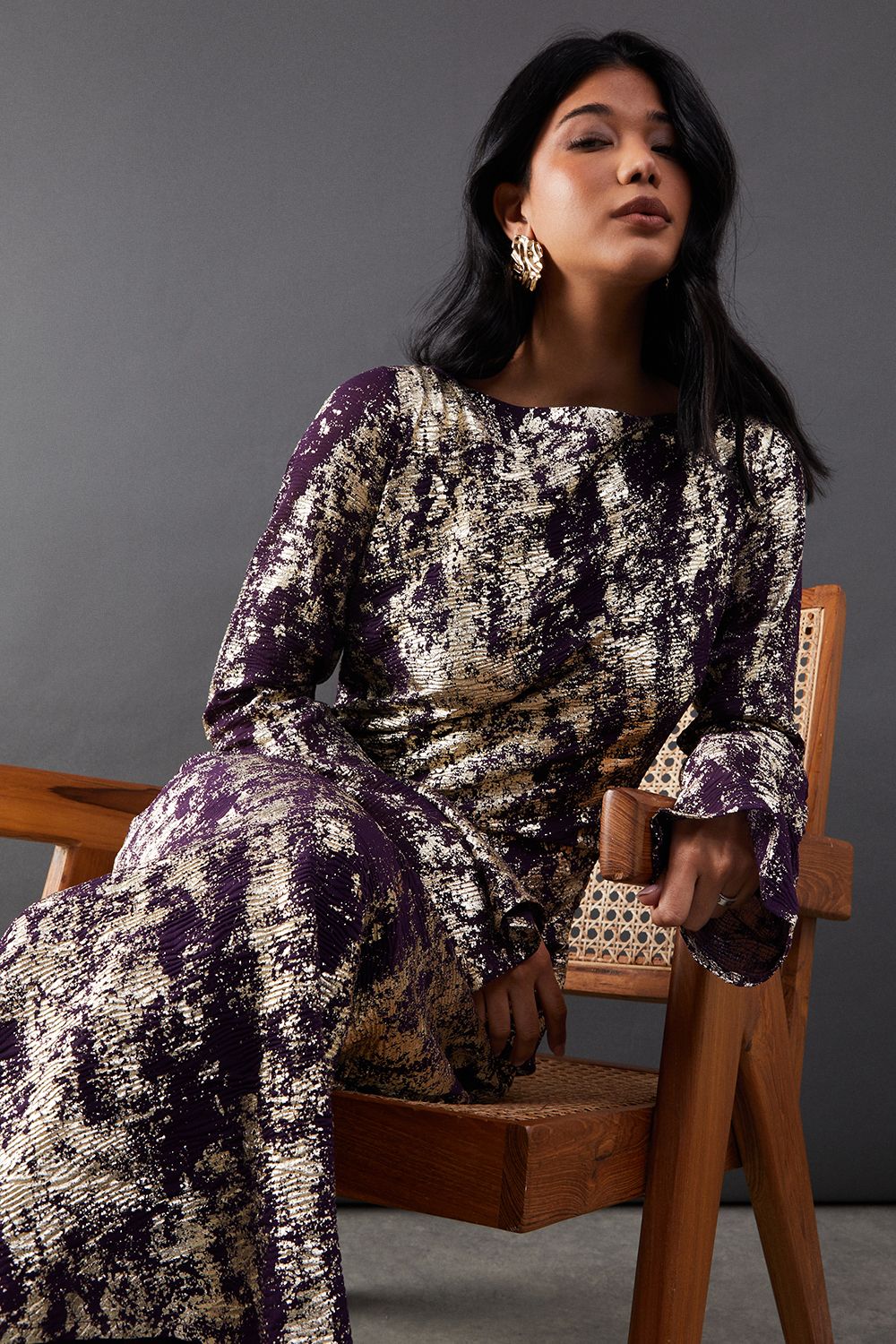 Warehouse Metallic Chiffon Slash Neck Bias Midi Dress