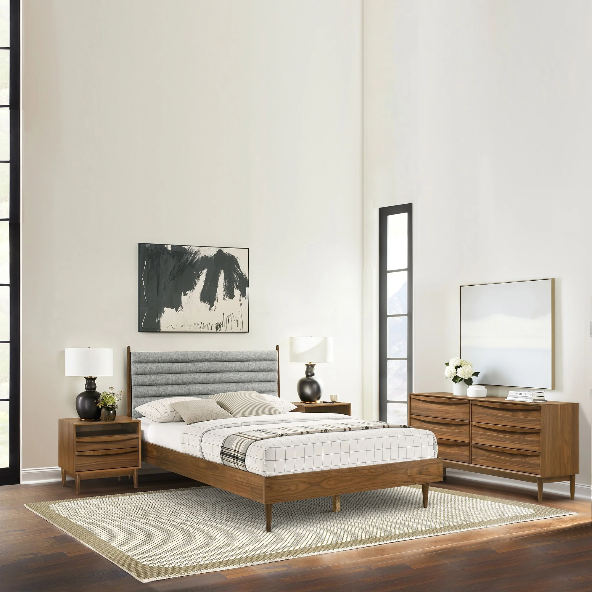 Artemio Black or Walnut Wood 4 Piece Bedroom Set with Grey Upholstered Headboard