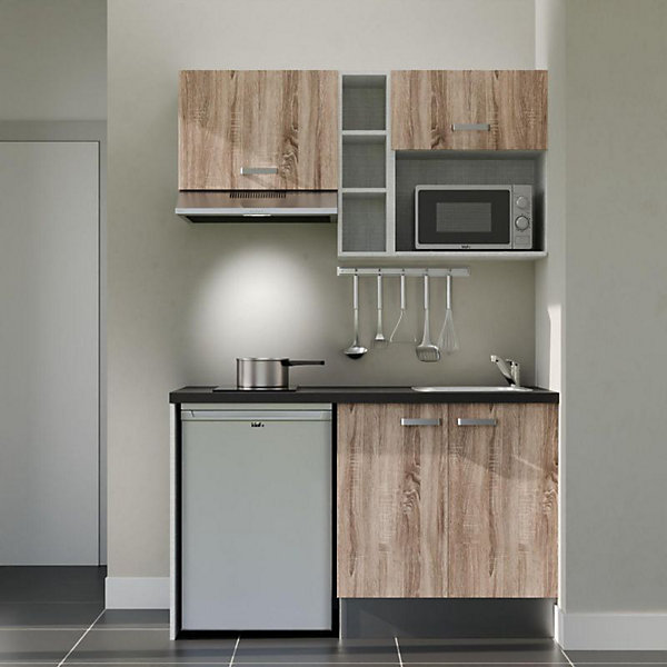 Kitchenette K13 façades Bois - Plan de travail Noir texturé - Crédences : Non - Evier inox - Electroménager Inox inclus