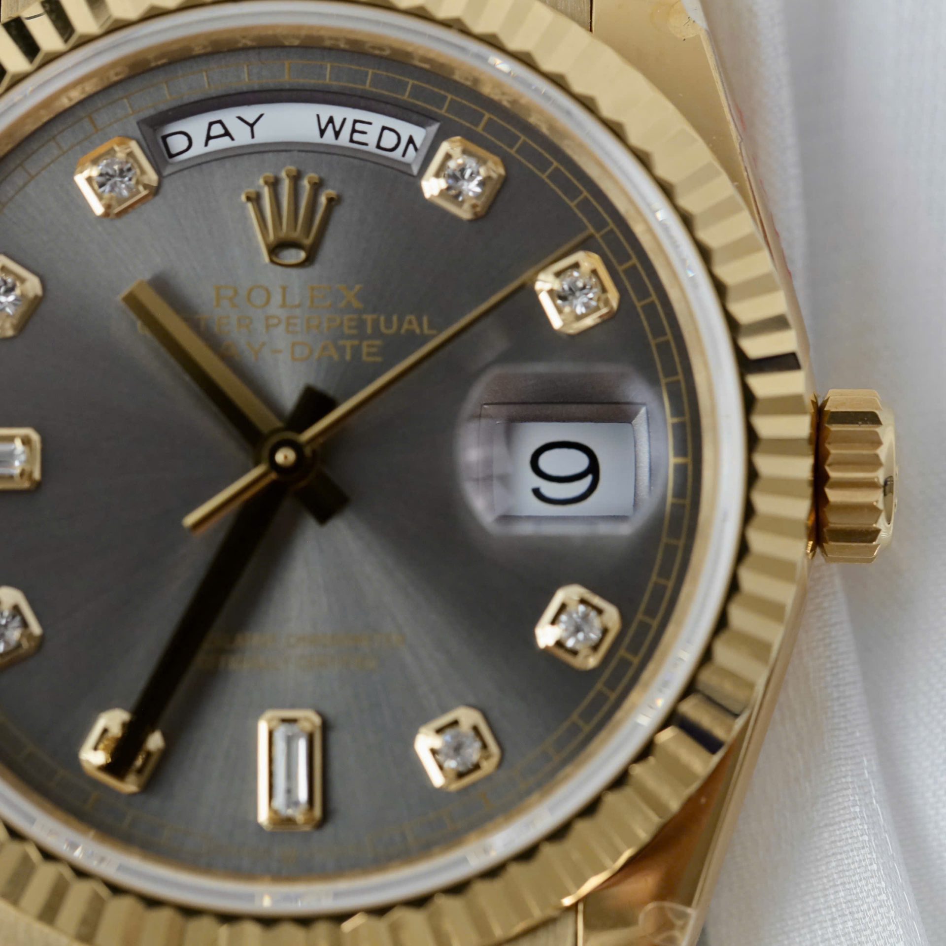 Rolex Day-Date 128238 YG Plated Grey Dial CZ Diamonds 36mm Super Clone