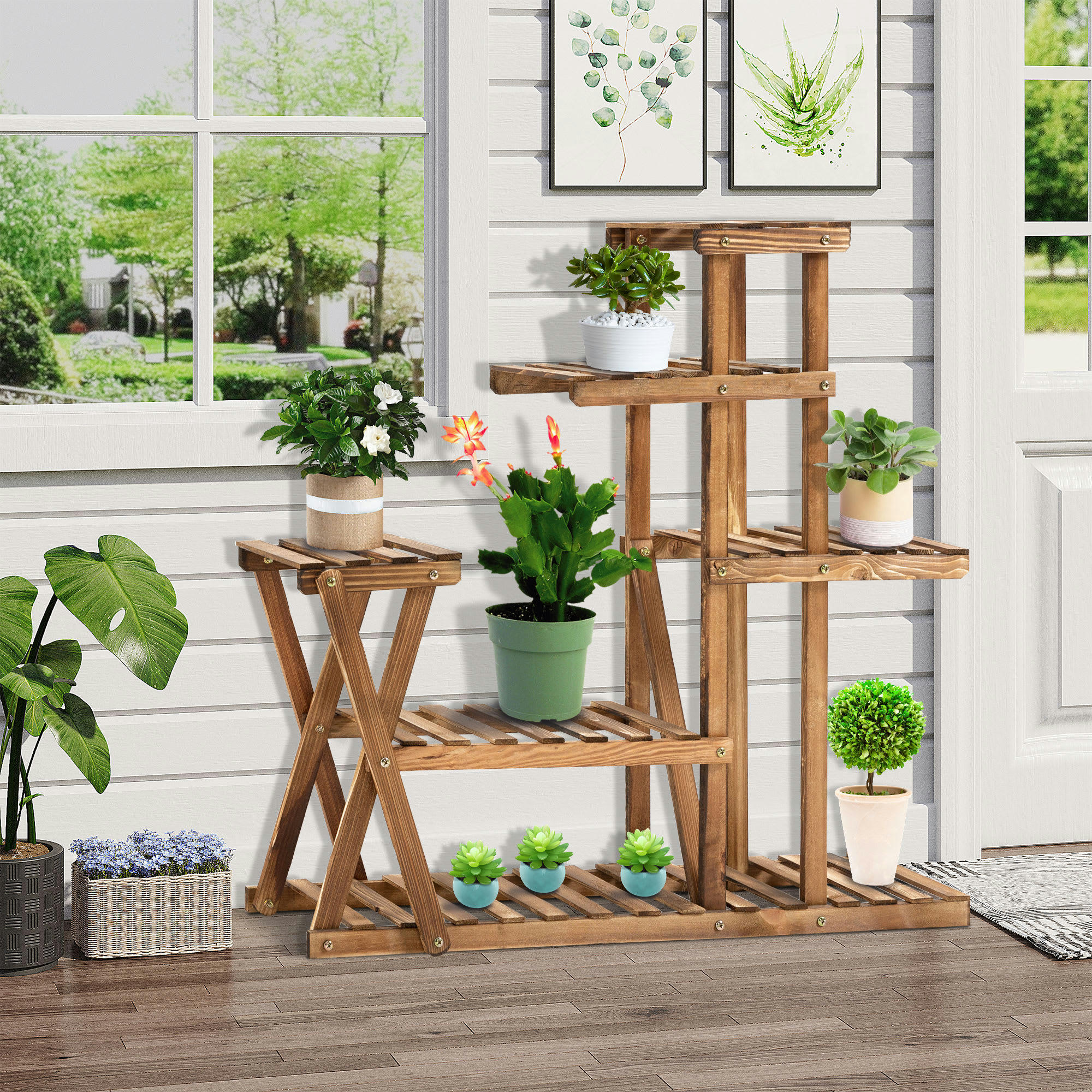 - Étagère à fleurs 6 tablettes bois de sapin traité carbonisation