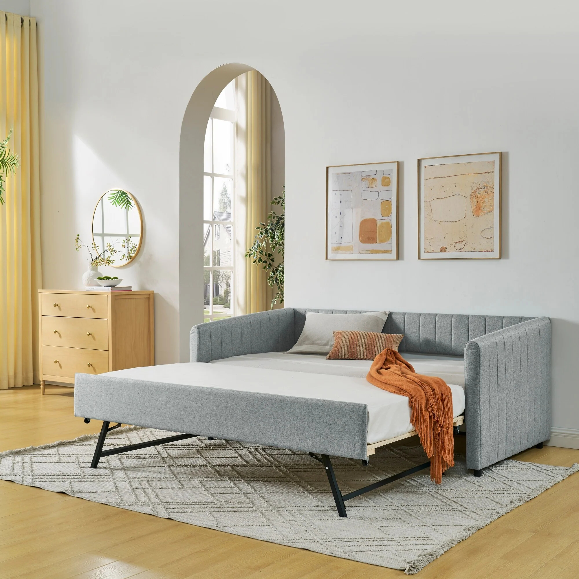 Twin Size Daybed with Trundle Upholstered Sofa Bed, with Vertical Stripes, Linen Fabric,(82.5x43x30)