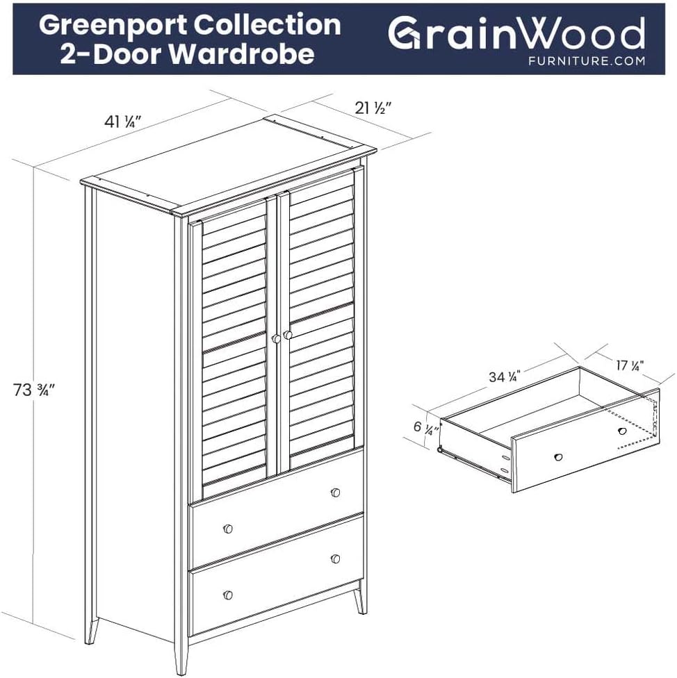 Grain Wood Furniture Greenport 2-Door Wardrobe, Solid Wood with a Brushed White Finish