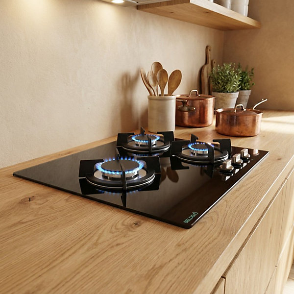 BELDEKO - Plaque de cuisson Gaz verre noir 3 zones - 5250 W - Gaz ville et bouteille - Grilles en fonte