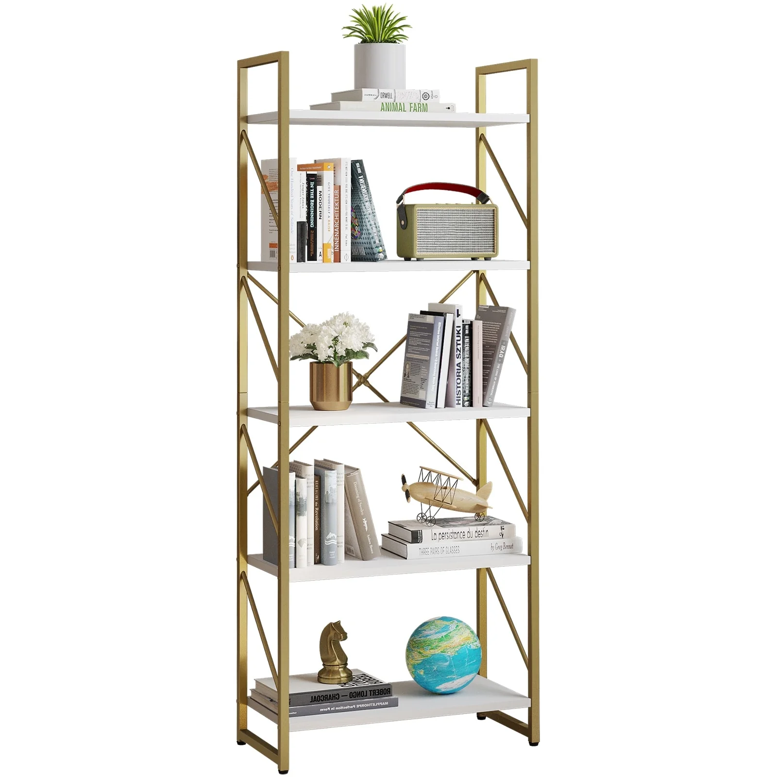 Rould Wood 5 Tiers Gold Frame Bookshelf Storage Rack Shelves Holder