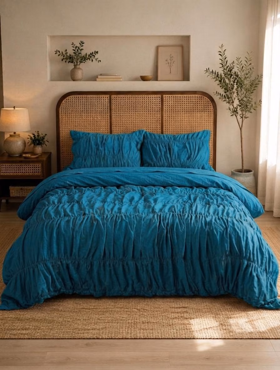 Teal Blue Ruffled Comforter Set, Boho Coastal Bedding, Textured Crinkle Duvet
