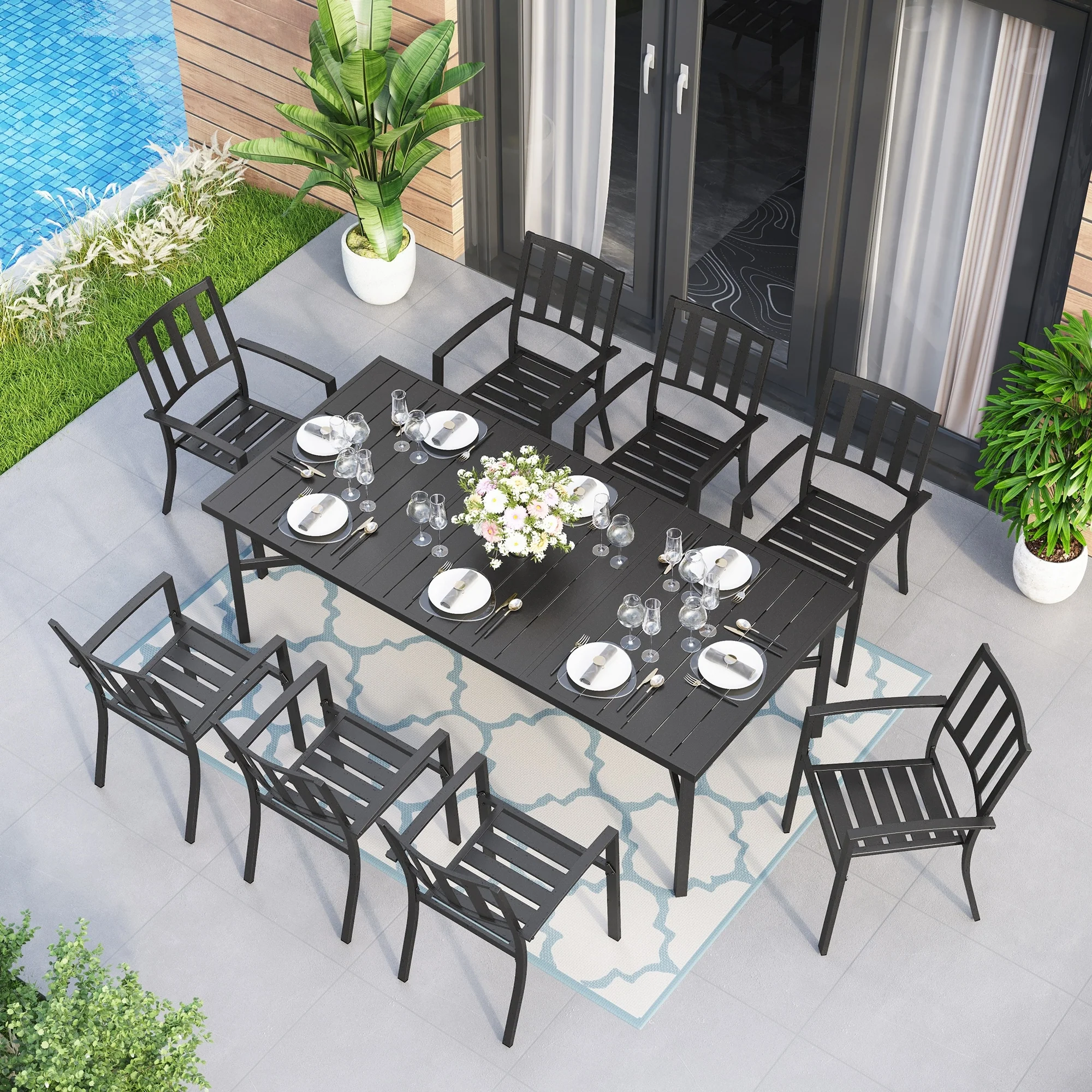 MAISON ARTS Patio Dining Set of 9 Pieces Patio Furniture Set Metal Rectangle Dining Table 8 Metal Stackable Chairs