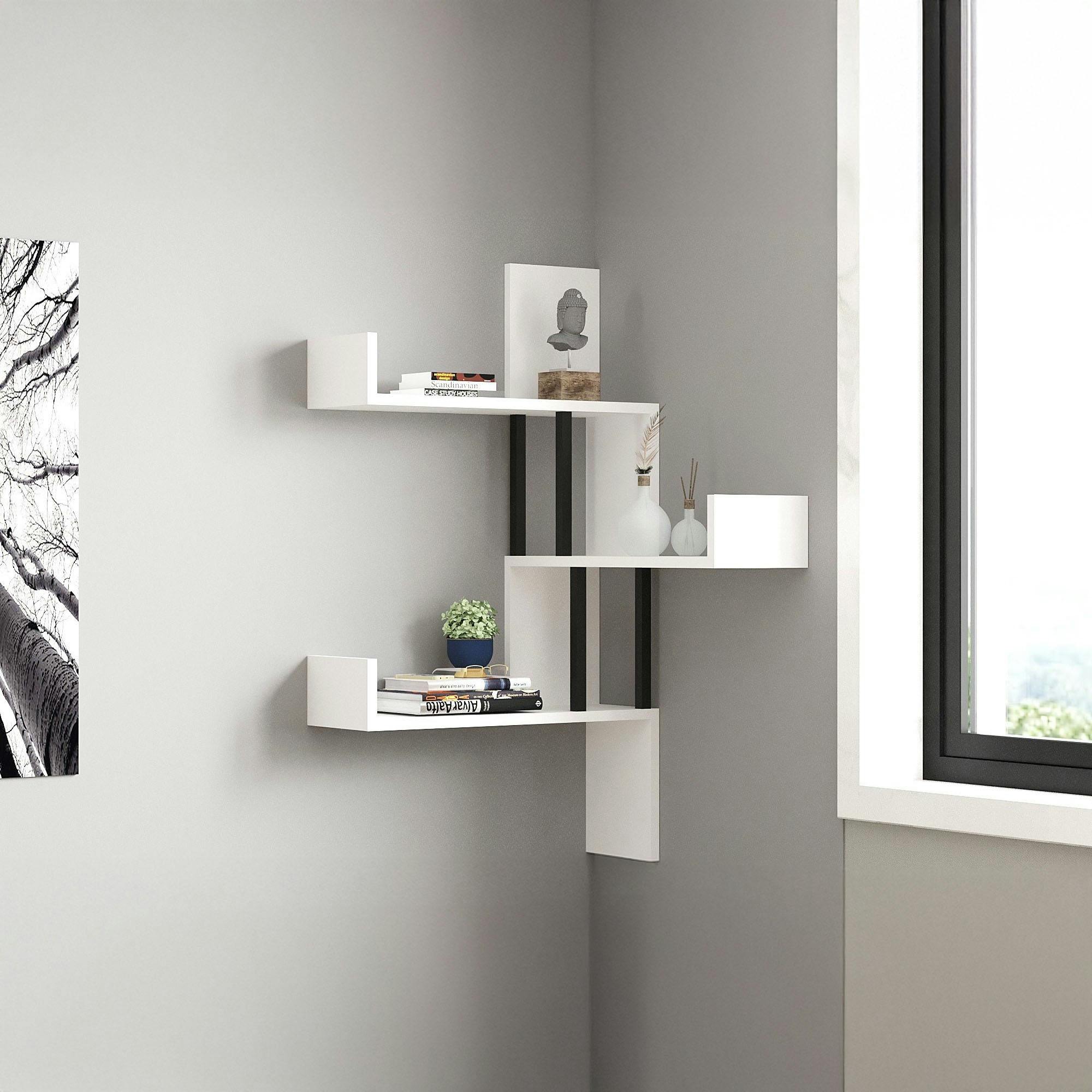 Étagère murale d’angle blanche - design, 3 plateaux JENA