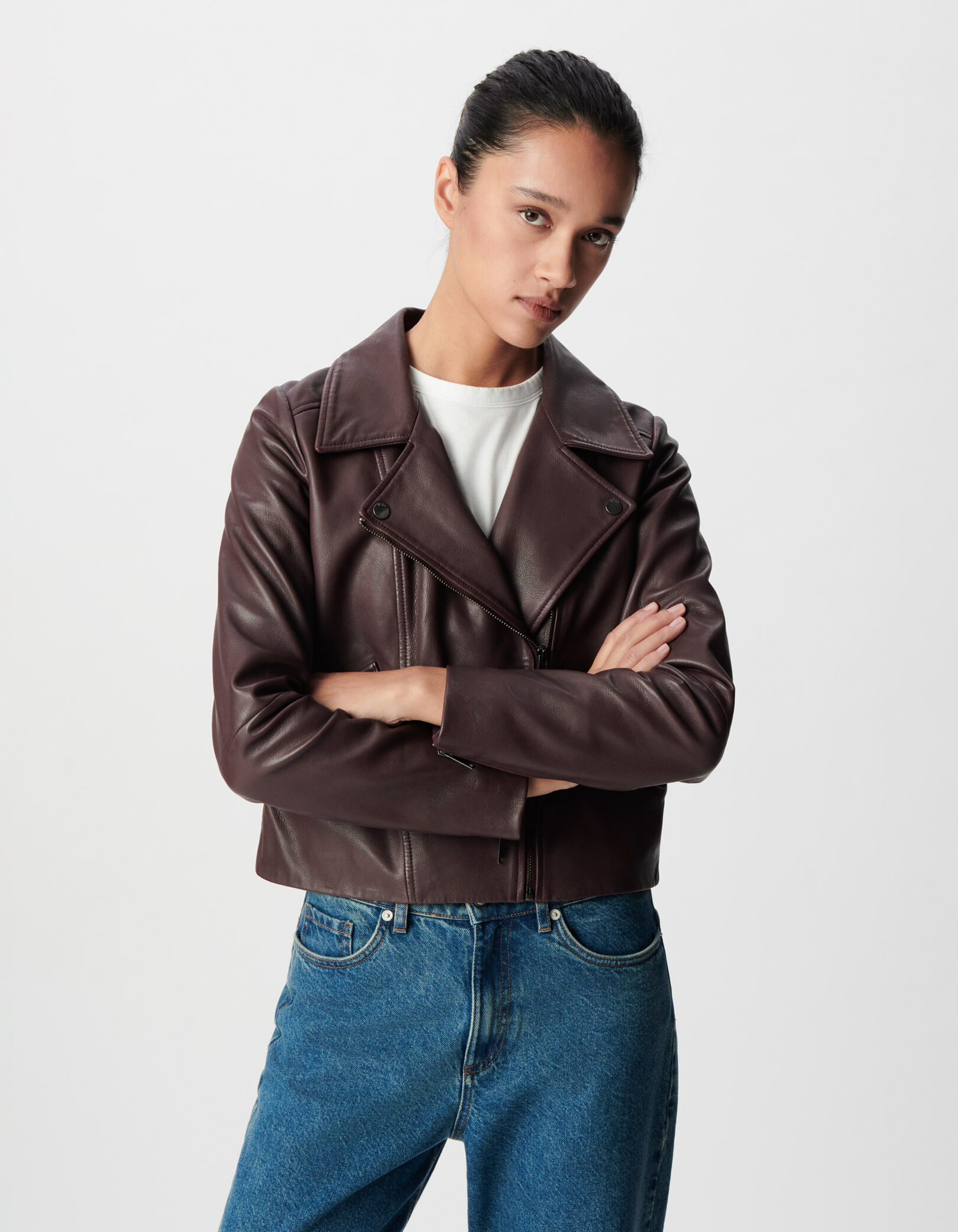 Veste cuir bordeaux esprit motard capuche amovible Femme
