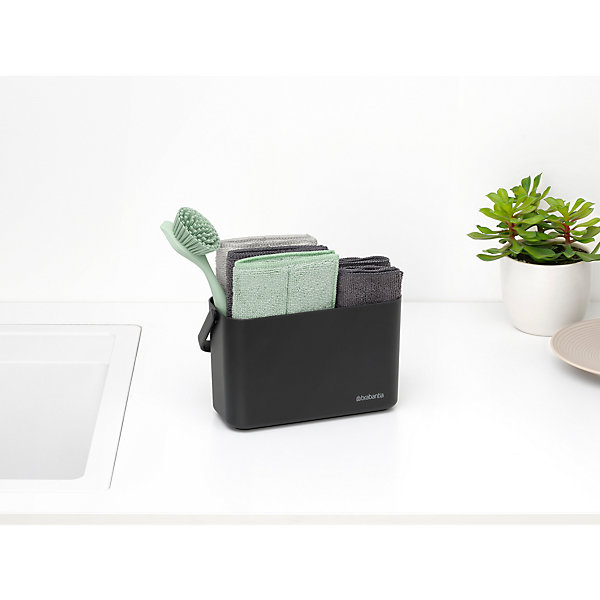 Lot d'accessoires de cuisine avec brosse à vaisselle, raclette, 3 éponges en microfibres et 2 chiffons de nettoyage, gris foncé, Brabantia SinkSide