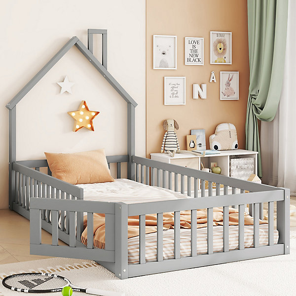 Lit Cabane 90 x 200 cm - Lit enfant Forme Cheminée - Pin   MDF - Sans Matelas - Gris