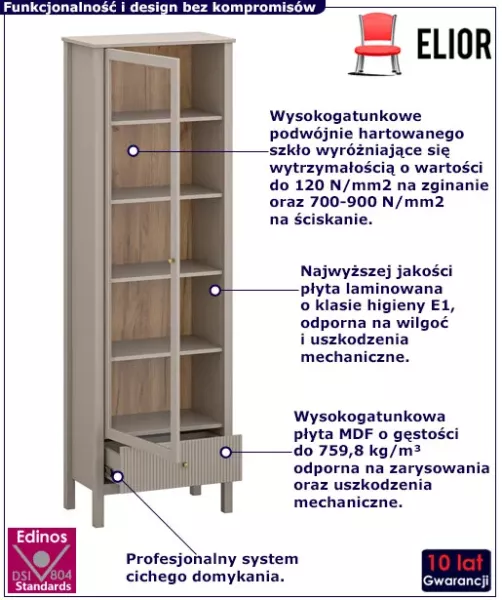 Nowoczesny regał z witryną w kolorze taupe - Zynix
