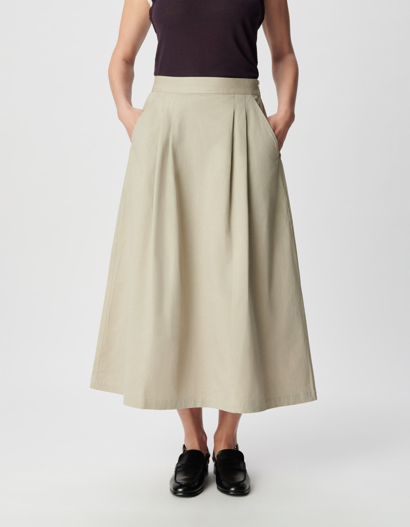 Jupe midi beige détails plis Femme