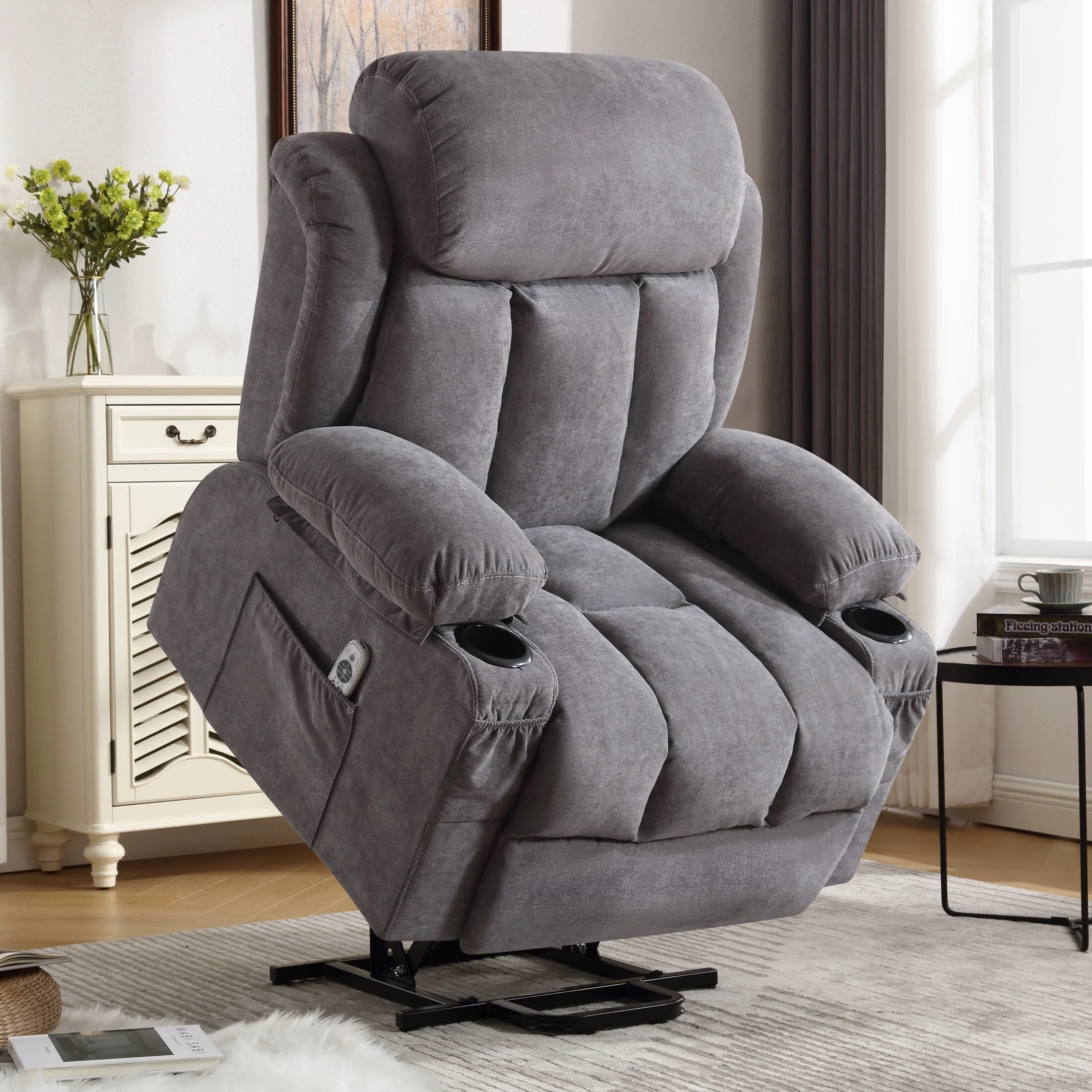 Grey Velvet Oversized Power Lift Recliner with Massage, Lumbar Heating, USB, 2 Cup Holders