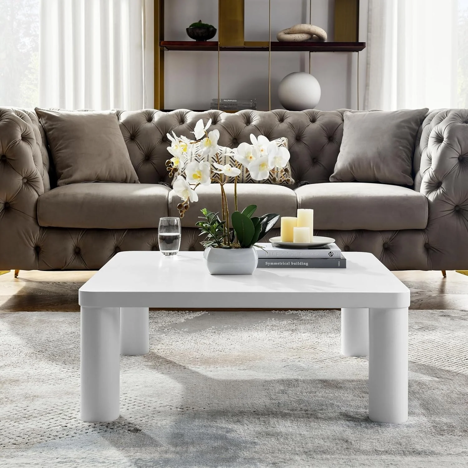Modern Square Coffee Table with Rounded Corners,MDF&Steel Cream White Coffe Table