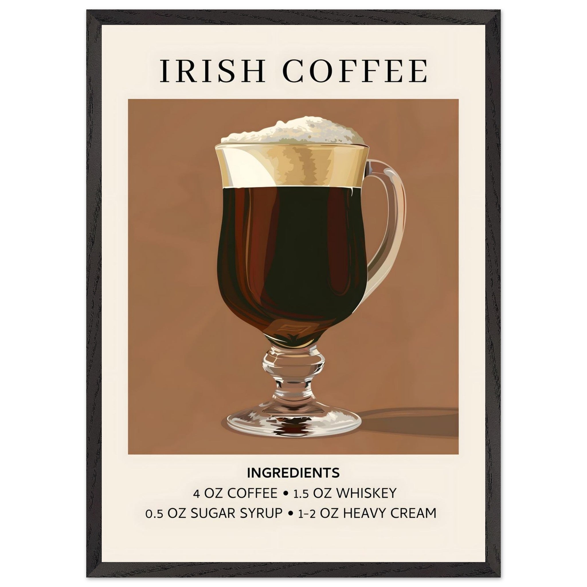 Artfulprints Poster met Lijst Irish Coffee - Ingrediënten  - 50x70 cm - Bruin