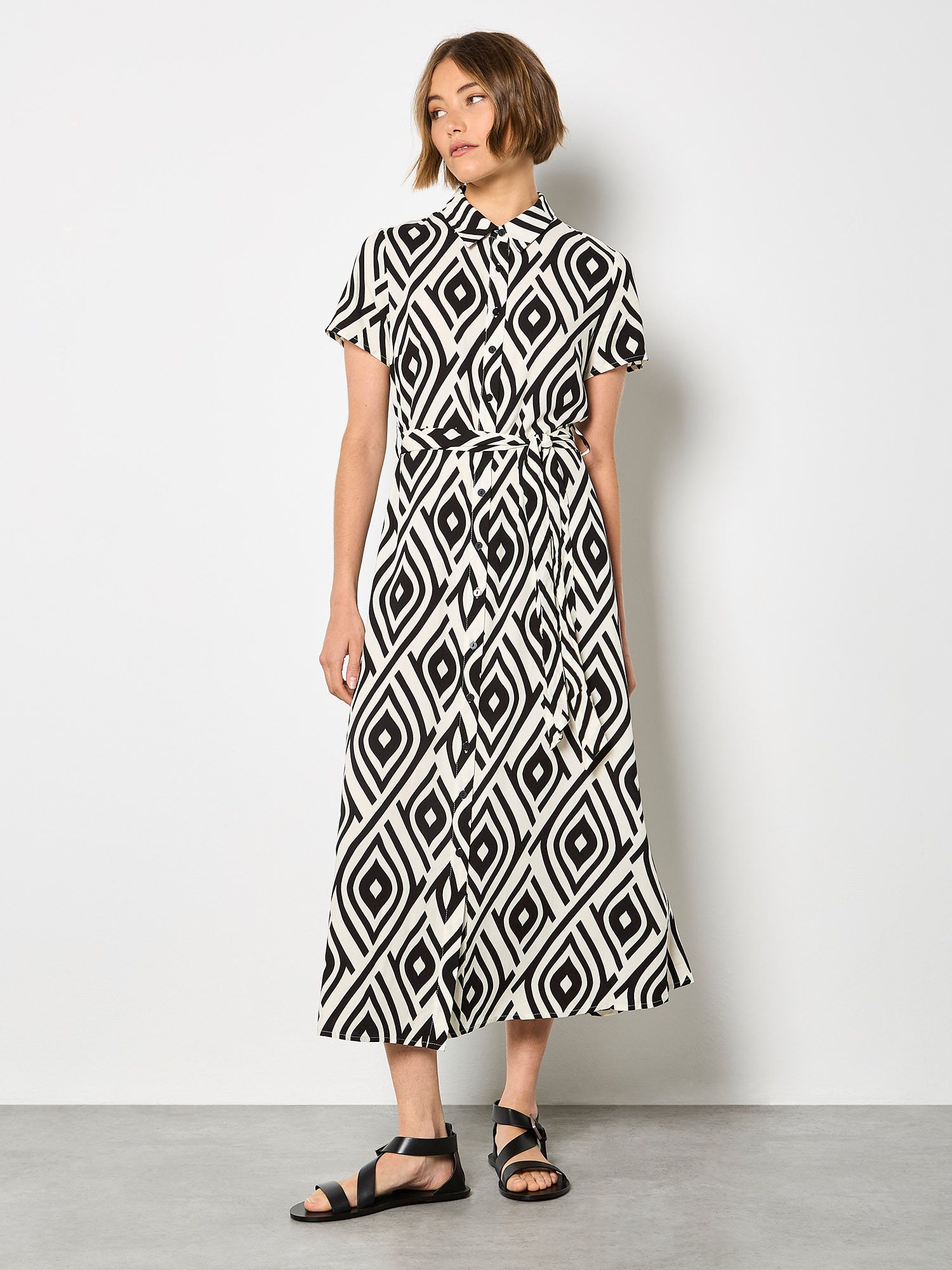 Apricot Geo Print Shirt Midi Dress